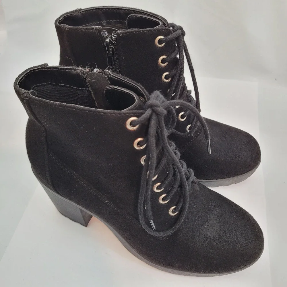 Platform Ankle Boots Womens Black Suede Lace Up Lug Sole Block Heel